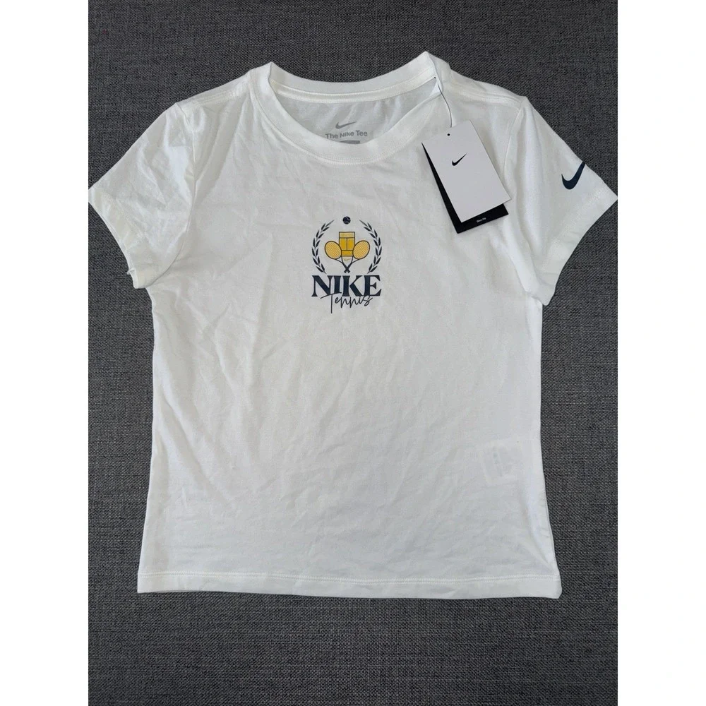 Nike Tennis Tee Women's Small White Graphic Training T-Shirt Slim Fit NWT